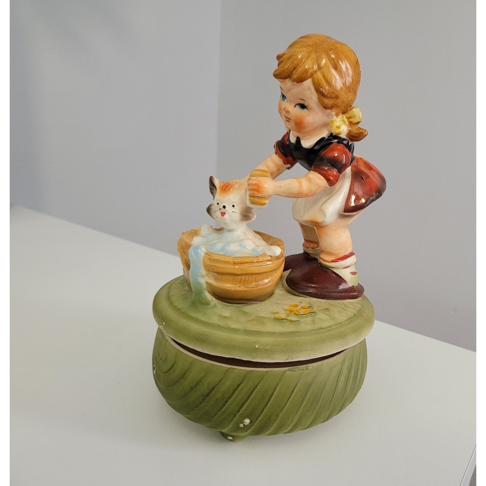 Girl Giving Cat a Bath Music‎ Box - Small Figurine Knick Knack